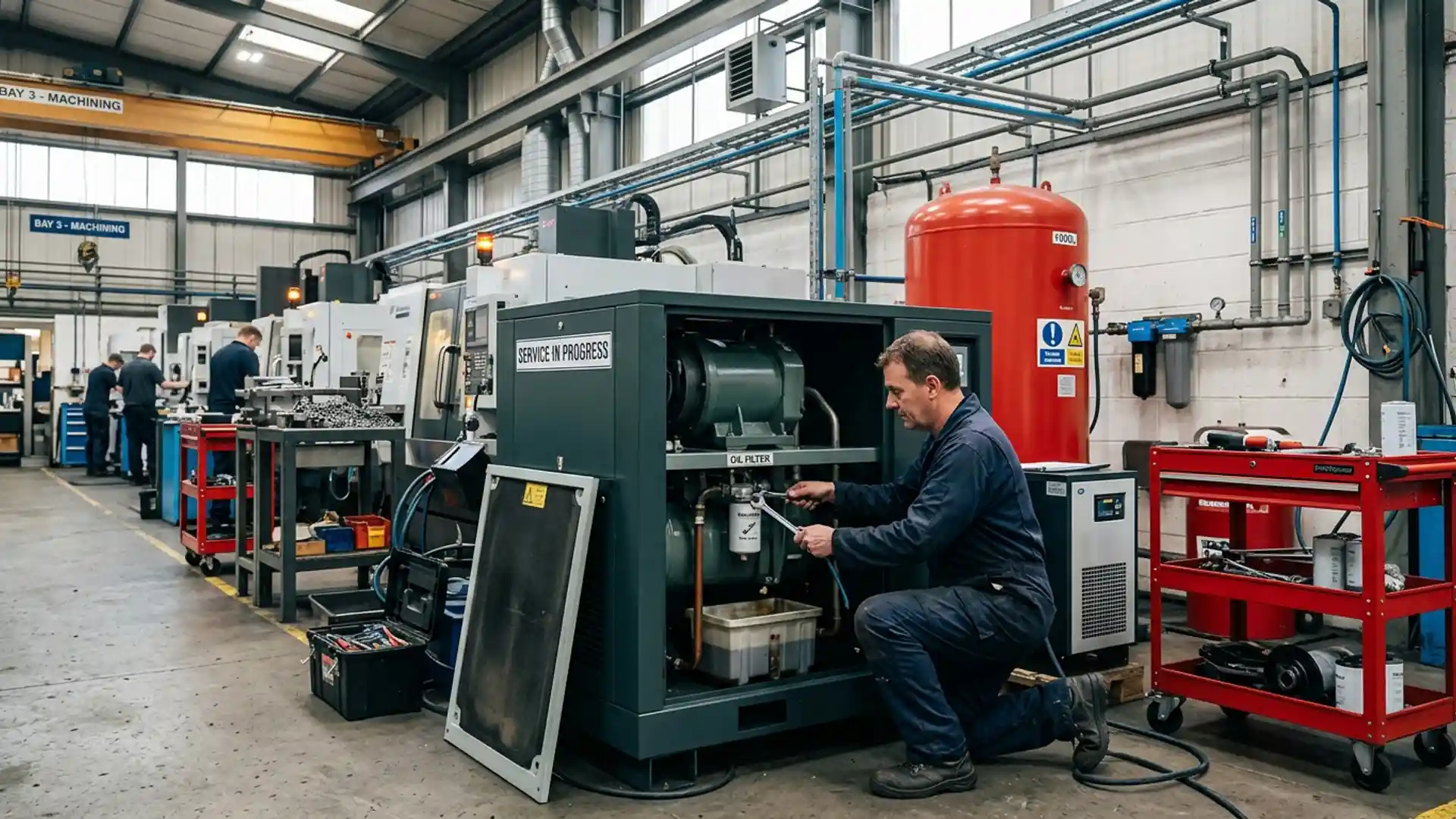Air Compressor Servicing work on compressed air equipment in a Coventry industrial plant room