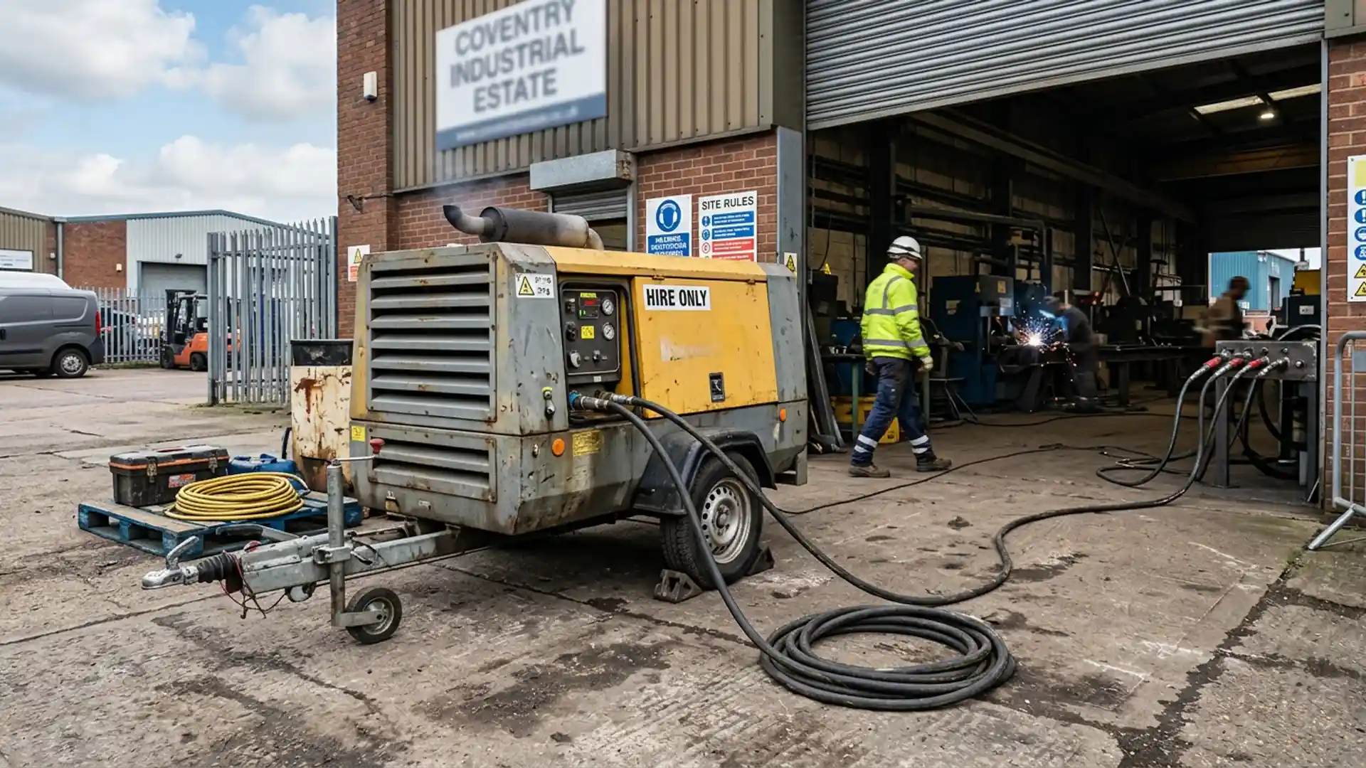 Air Compressor Hire work on compressed air equipment in a Coventry industrial plant room