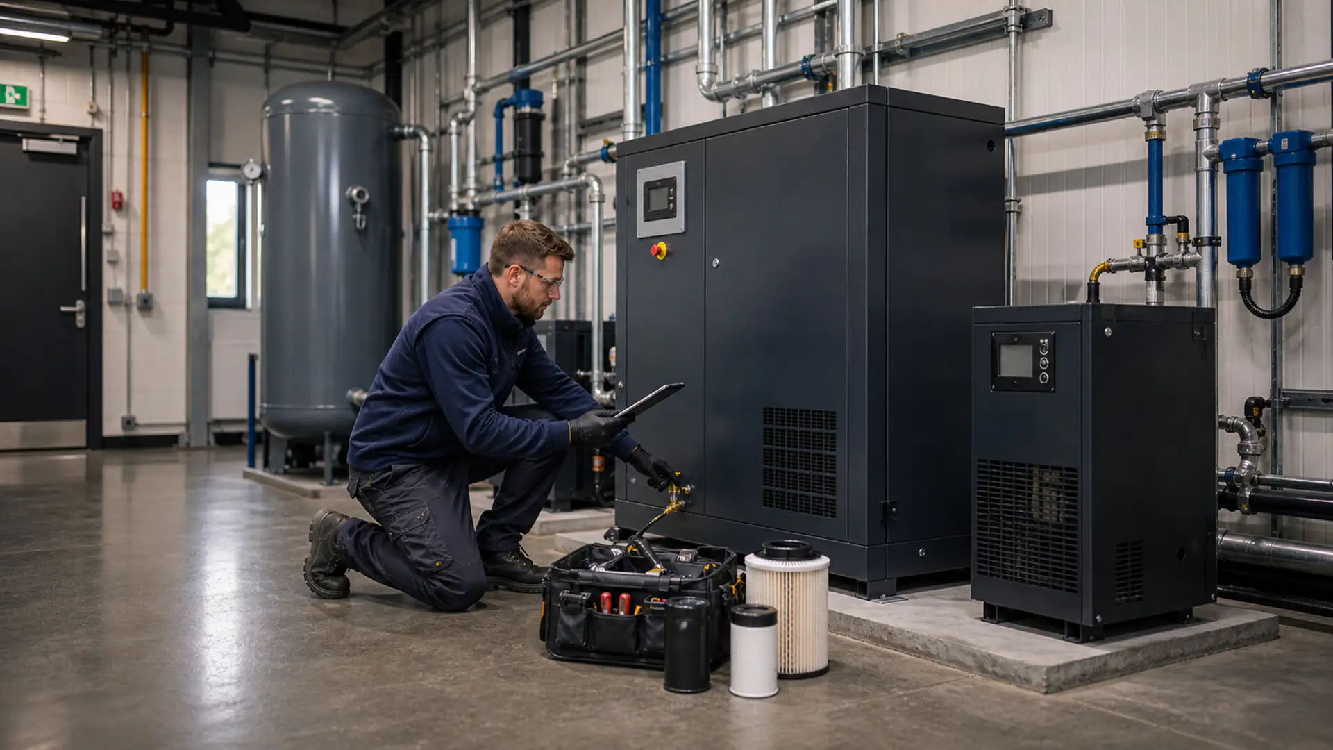 Compressed Air Maintenance work on compressed air equipment in a London industrial plant room