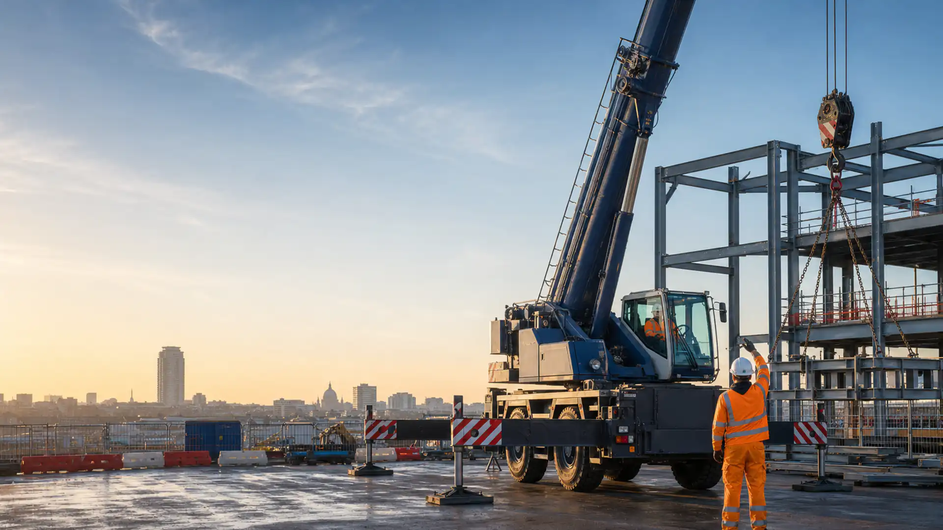 Mobile crane set up for a planned lift on a London construction site