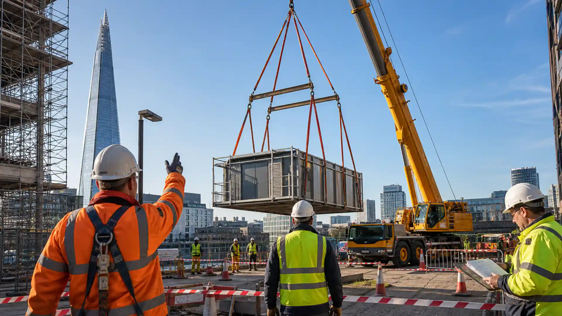 Contract lift in progress with crane crew and rigging team on a London site