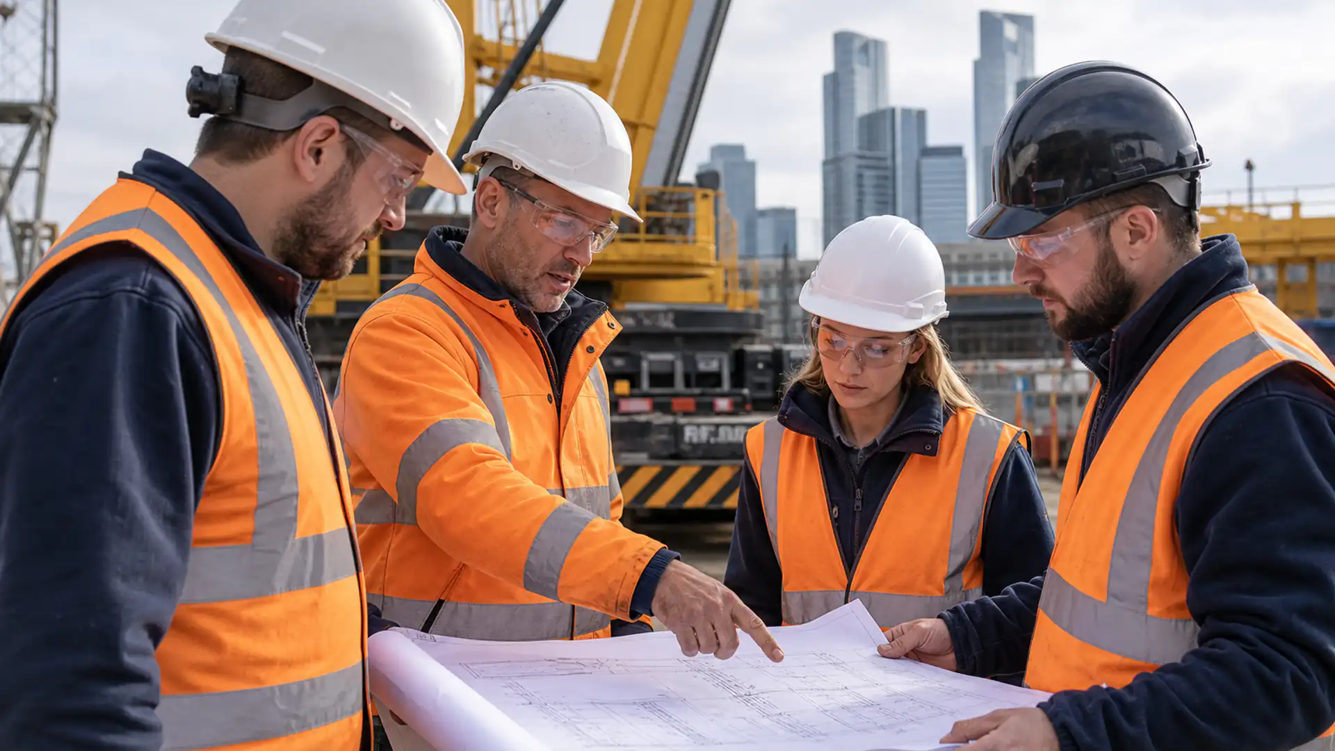 Crane hire team reviewing lift plans at a London site