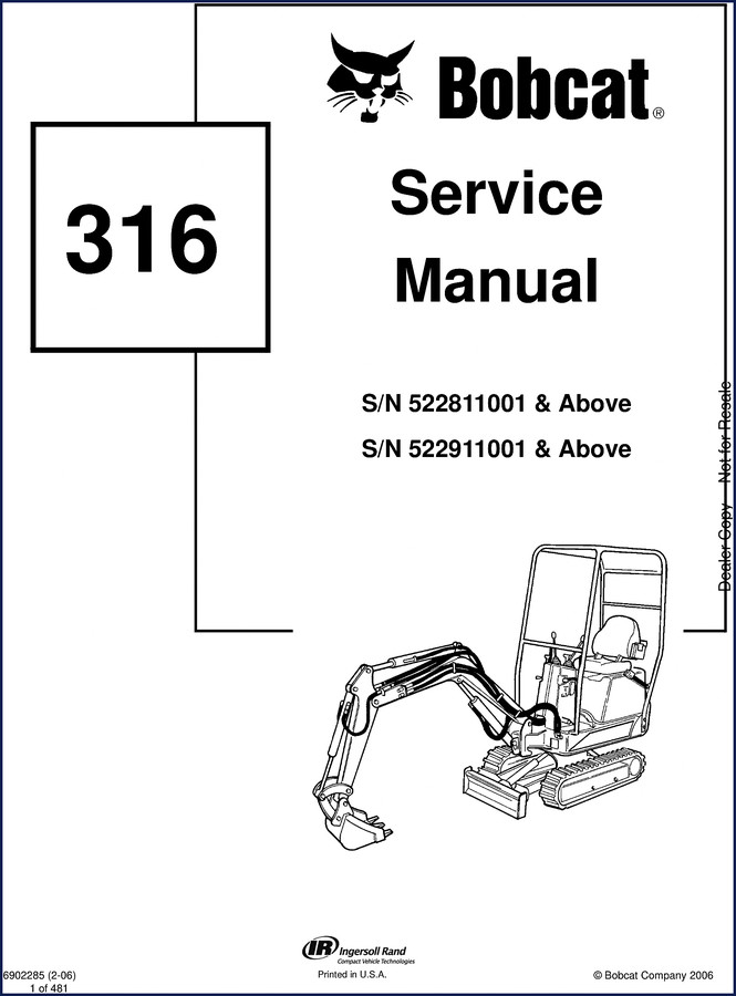Bobcat 316 excavator service manual 2006 front cover