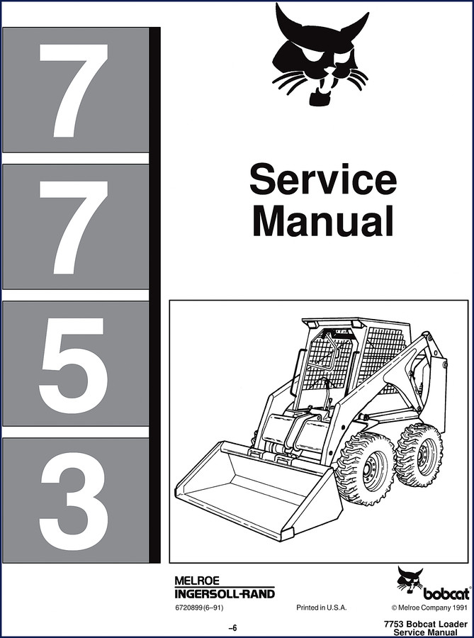 Bobcat 7753 1991 Service Manual cover showing loader safety decals and specifications