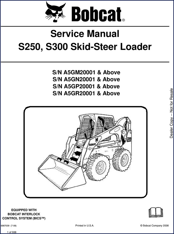Bobcat S250 S300 2008 service manual cover showing skid-steer loader