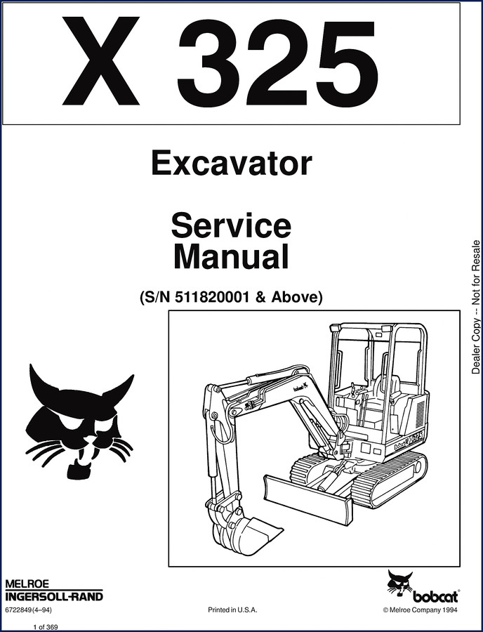 Bobcat X 325 1994 Service Manual cover page showing excavator diagram