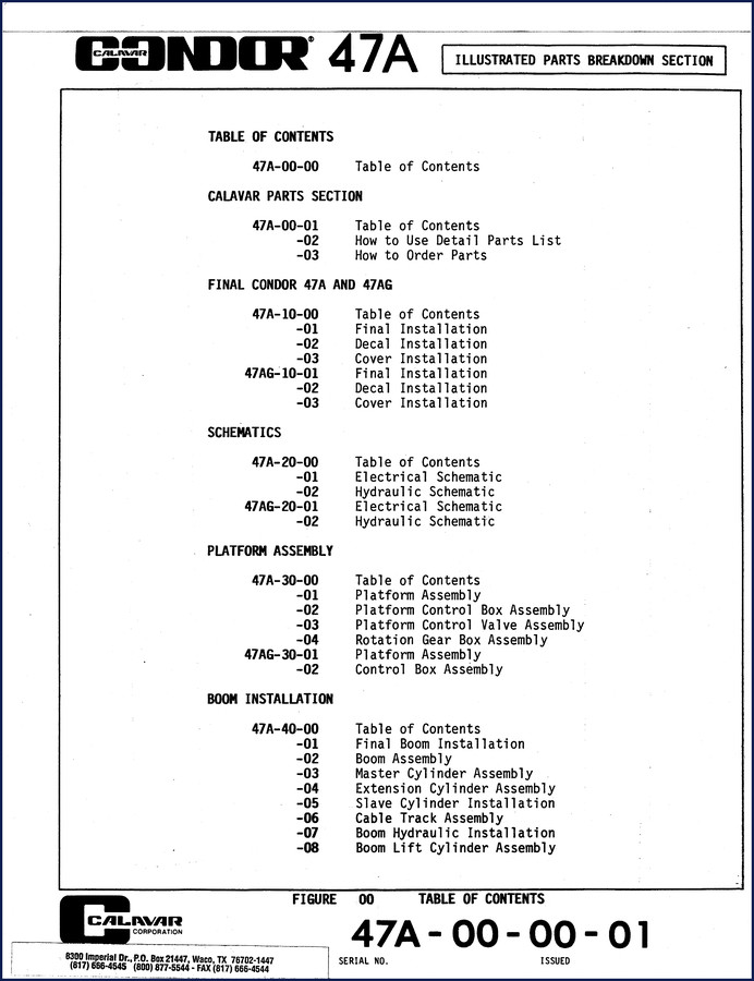 Calavar 47AG Parts Catalog cover page, factory OEM documentation for aerial work platform