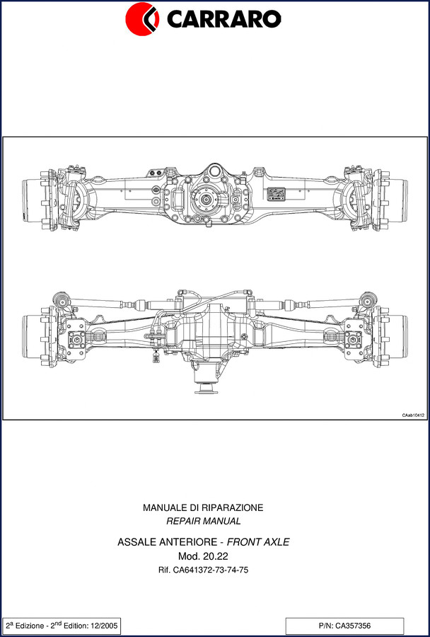 Carraro 20.22 2005 Repair Manual cover page showing front axle diagram and model number