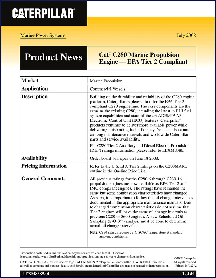 Cover of Caterpillar C280 Marine Propulsion Engine Technical Manual - 2008, 40 pages