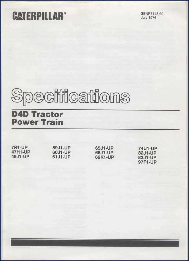 Caterpillar D4D 1976 Service Manual cover - 24 pages factory power train specs