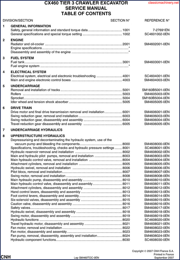 CNH CX460 2007 Service Manual cover page showing crawler excavator