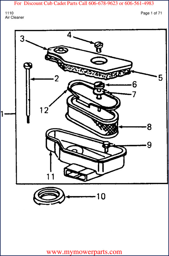 Cub Cadet 1110 Parts Catalog cover page showing air cleaner assembly diagram