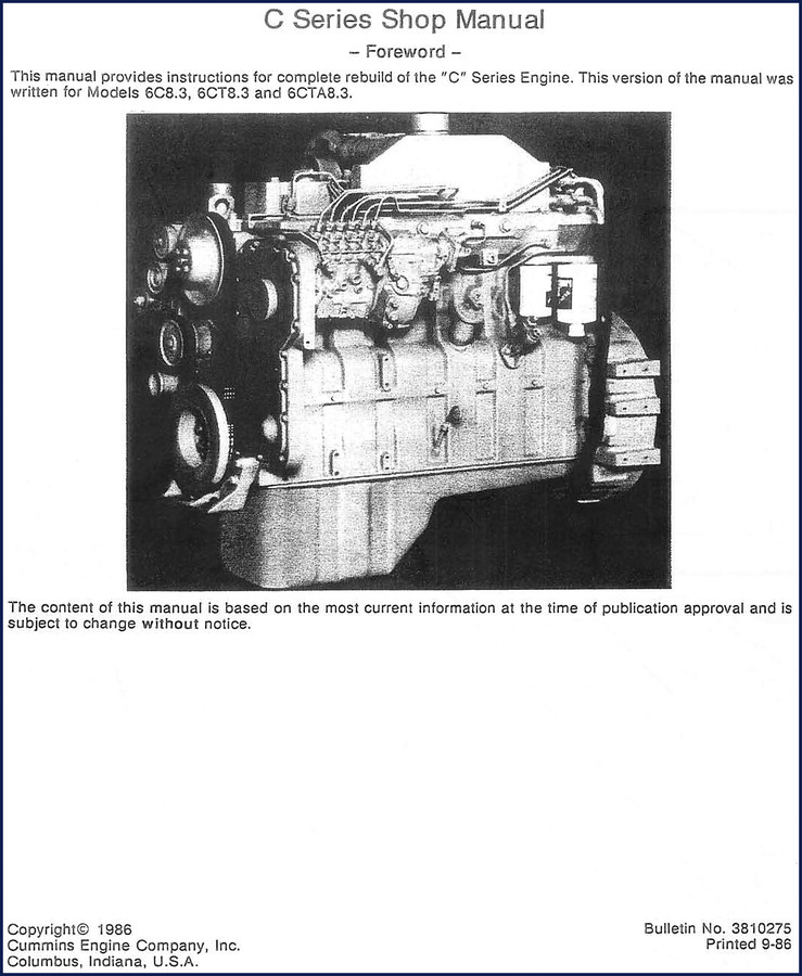 Cummins 6C8.3 6CT8.3 6CTA8.3 workshop manual cover 1986