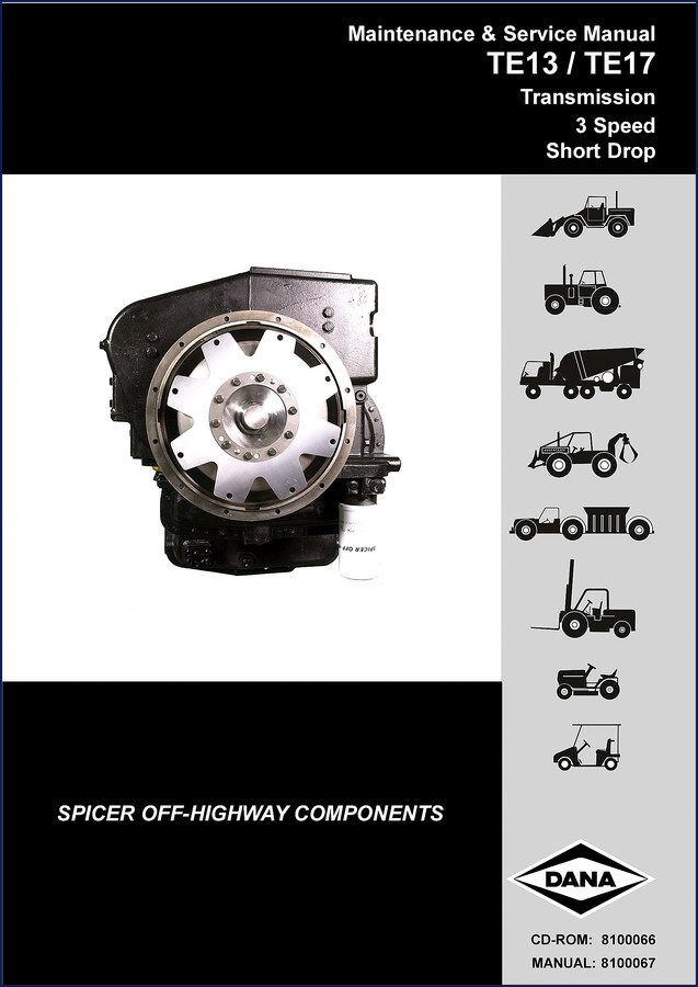 Dana Spicer TE13 TE17 2002 Service Manual cover page showing transmission diagrams