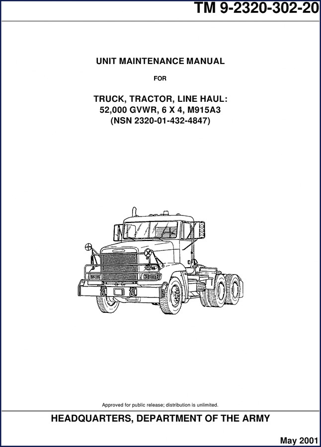 Department of the Army M915A3 2001 Technical Manual cover page showing truck tractor
