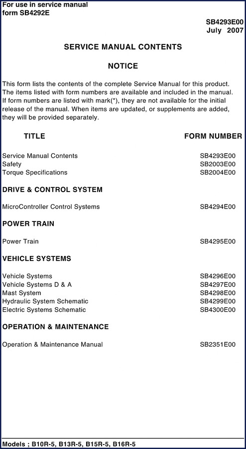 Doosan B10R-5 to B16R-5 2007 service manual cover page showing forklift models and OEM document