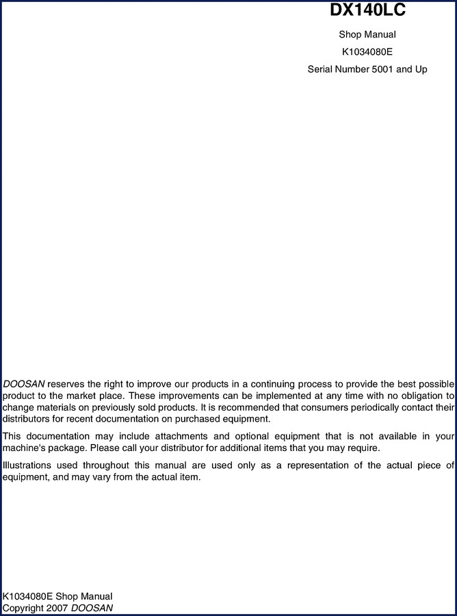 Doosan DX140LC 2007 Workshop Manual cover – 776 pages OEM shop manual