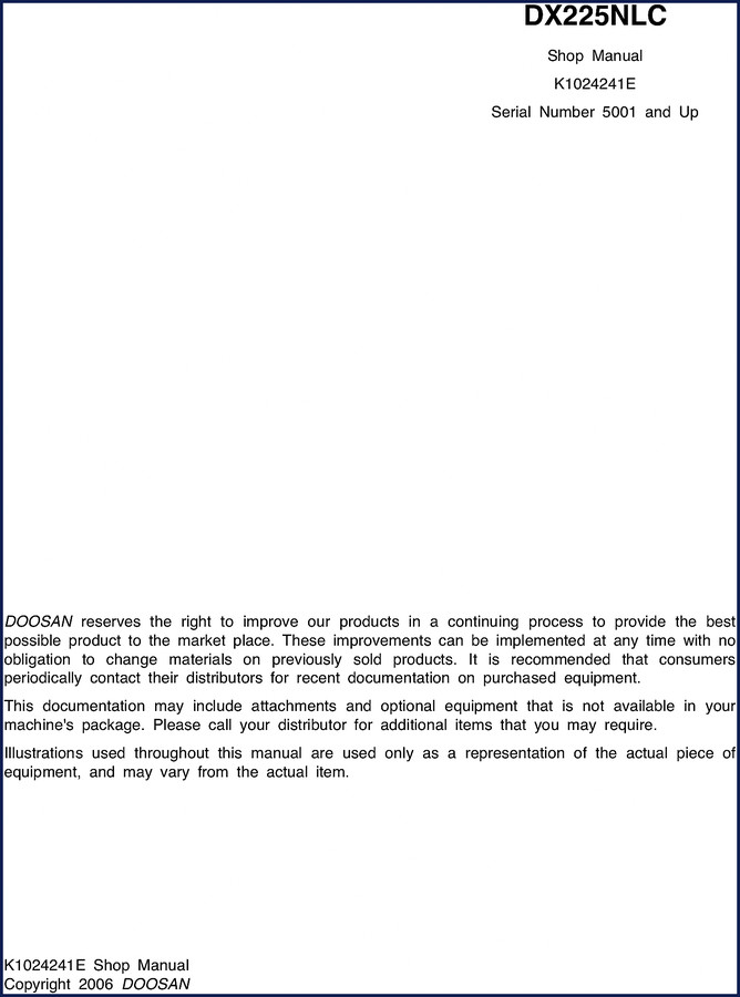 Doosan DX225NLC 2006 Workshop Manual cover page with shop manual title and serial number range