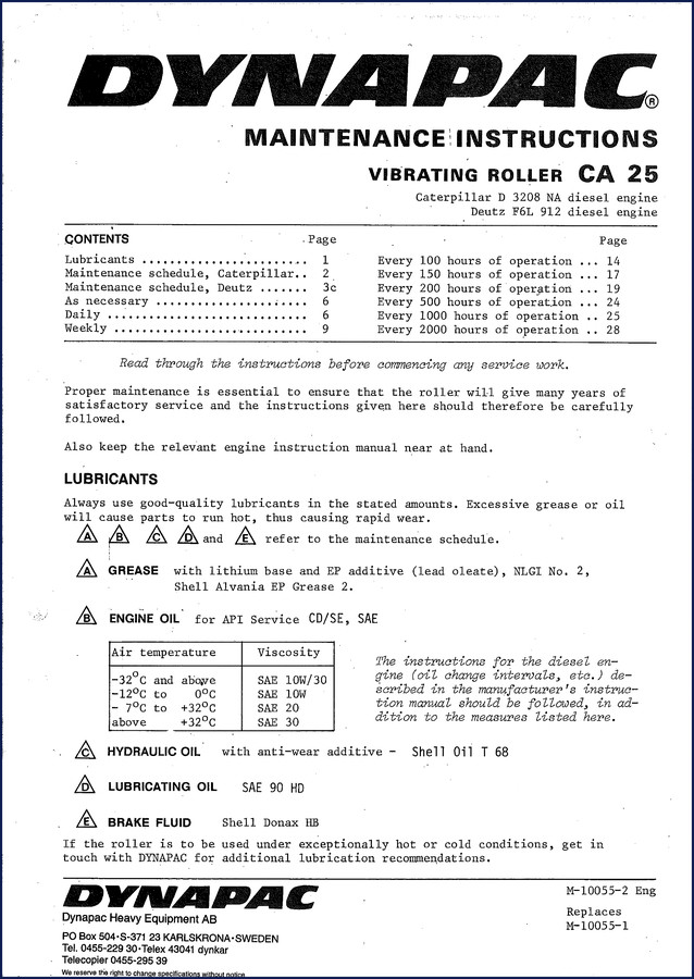 Dynapac CA 25 vibratory roller spare parts catalogue 1987 cover