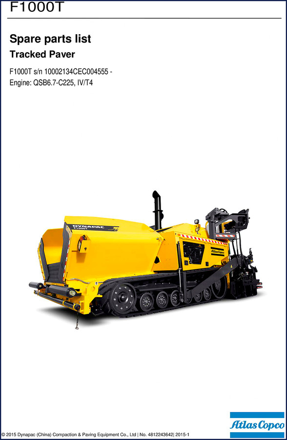 Dynapac F1000T 2015 Parts Catalog cover page showing tracked paver