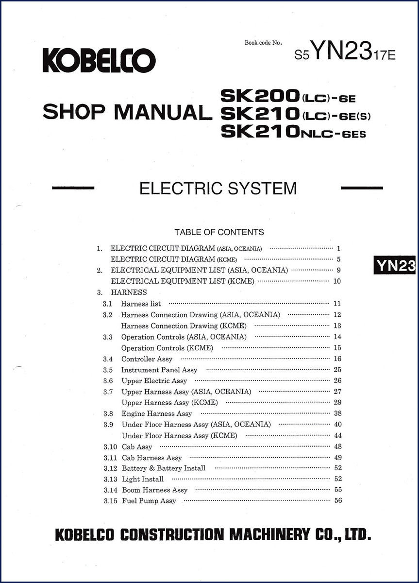 FIAT Kobelco SK200 Workshop Manual cover showing electric system diagram