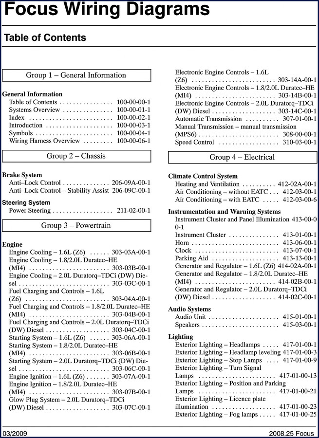 Ford Focus 2009 Service Manual cover page showing factory documentation for engine and transmission