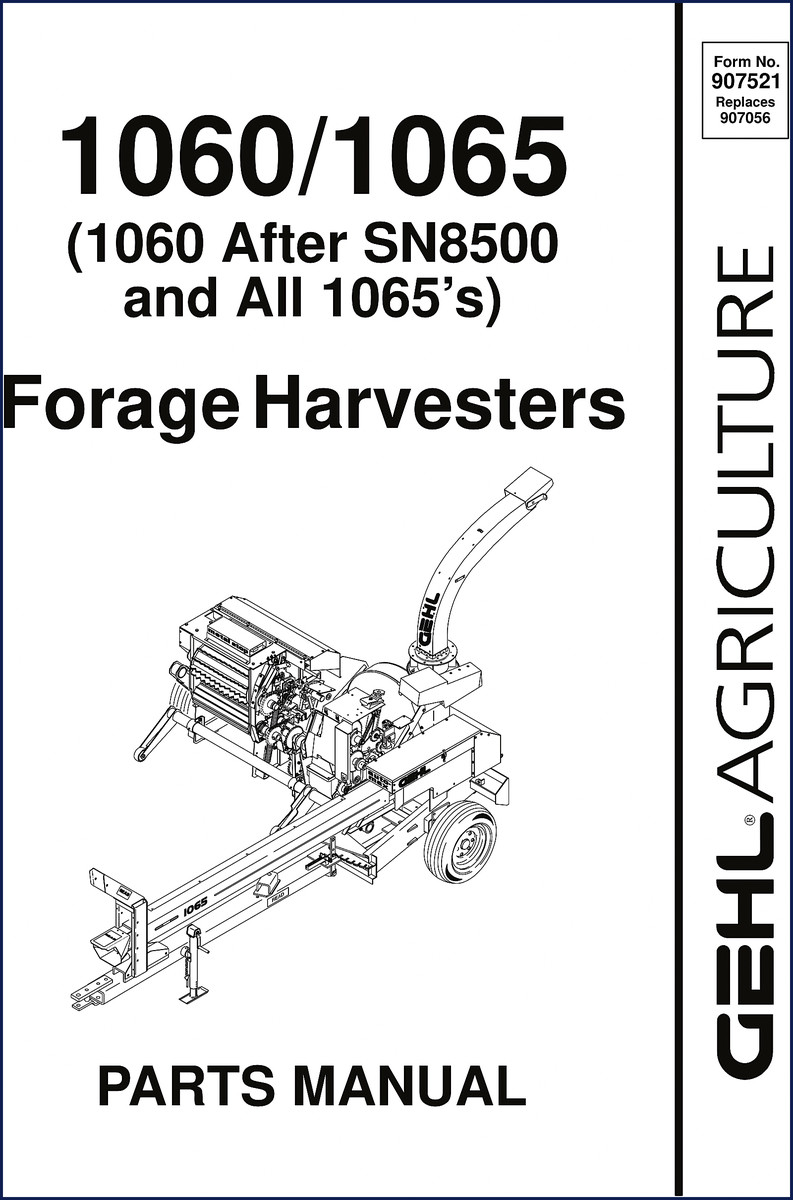 GEHL 1060 and 1065 forage harvesters parts catalog cover with exploded view diagram