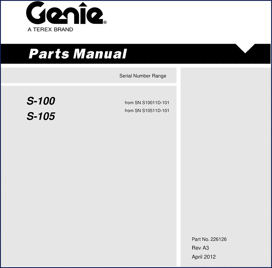 Genie S-100 S-105 2012 Parts Catalog cover and serial number page