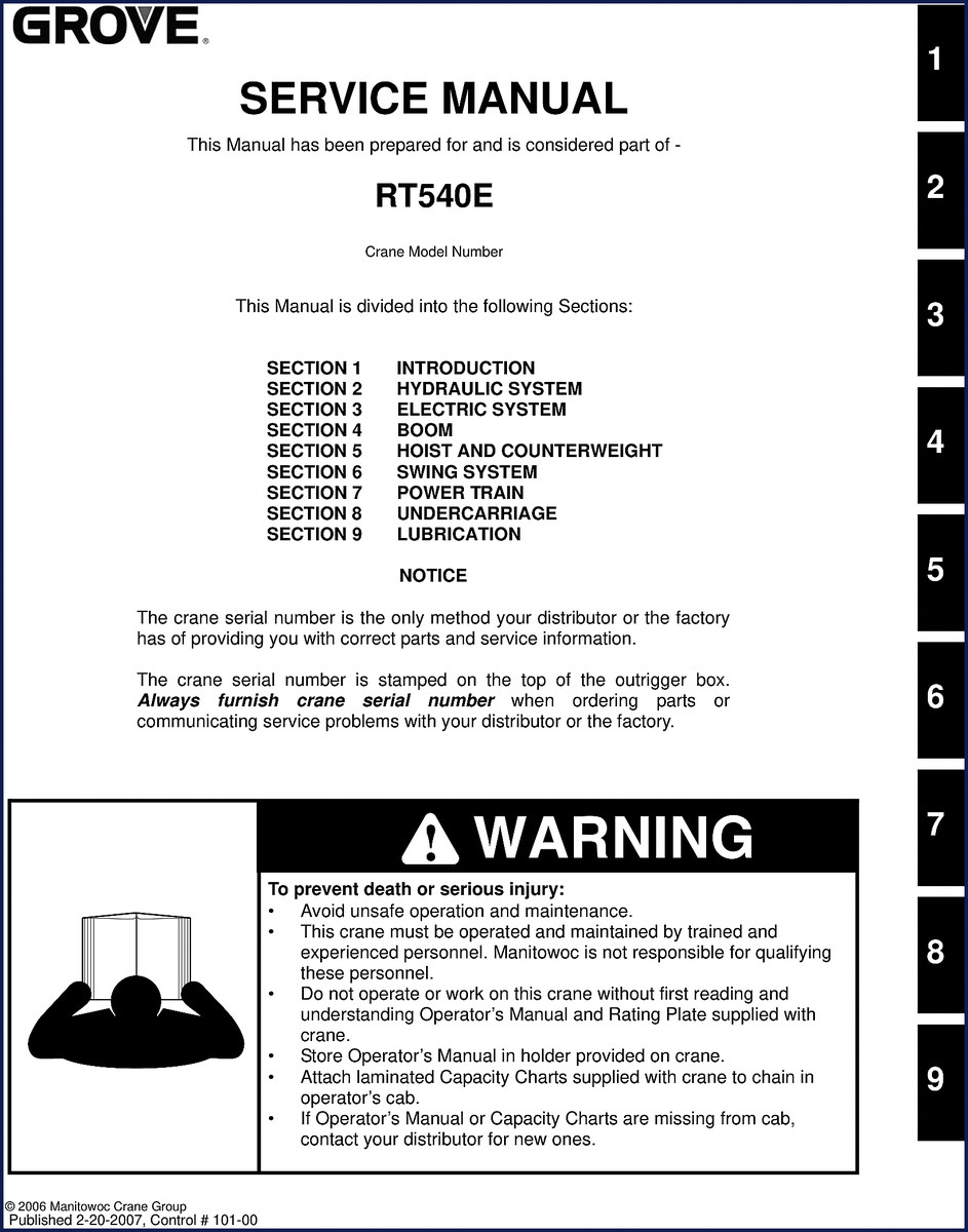 Grove RT540E 2007 Service Manual cover with crane illustration