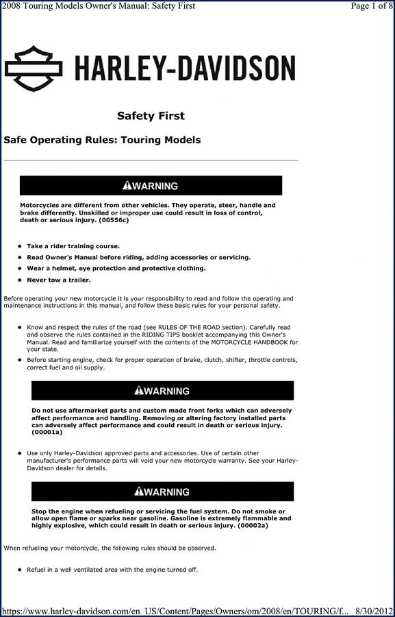 2008 Harley-Davidson Touring Models Operator Manual cover