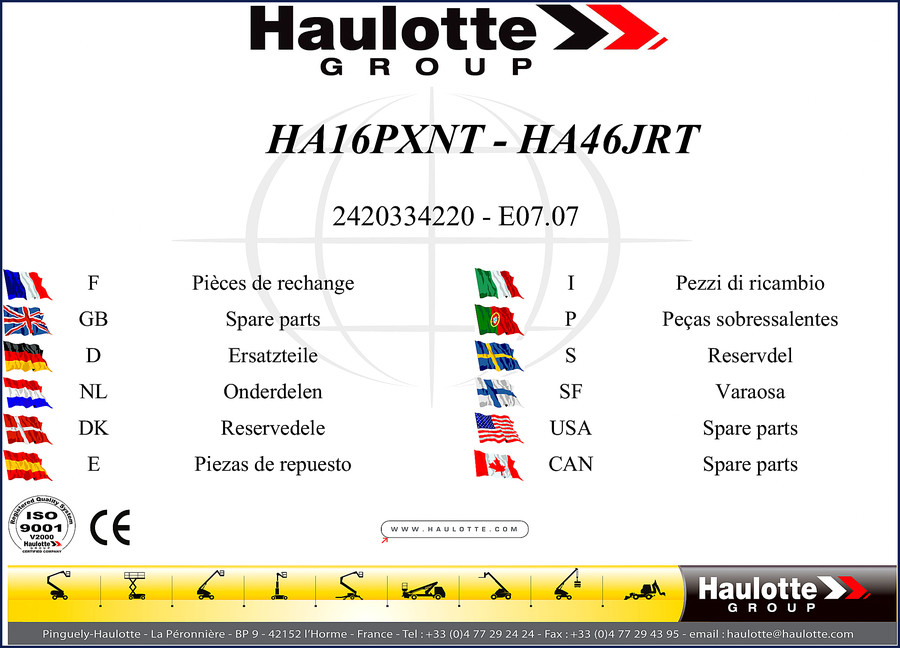 Haulotte HA16PXNT HA46JRT HA16NT Parts Catalog cover page showing machine groups and ISO certification