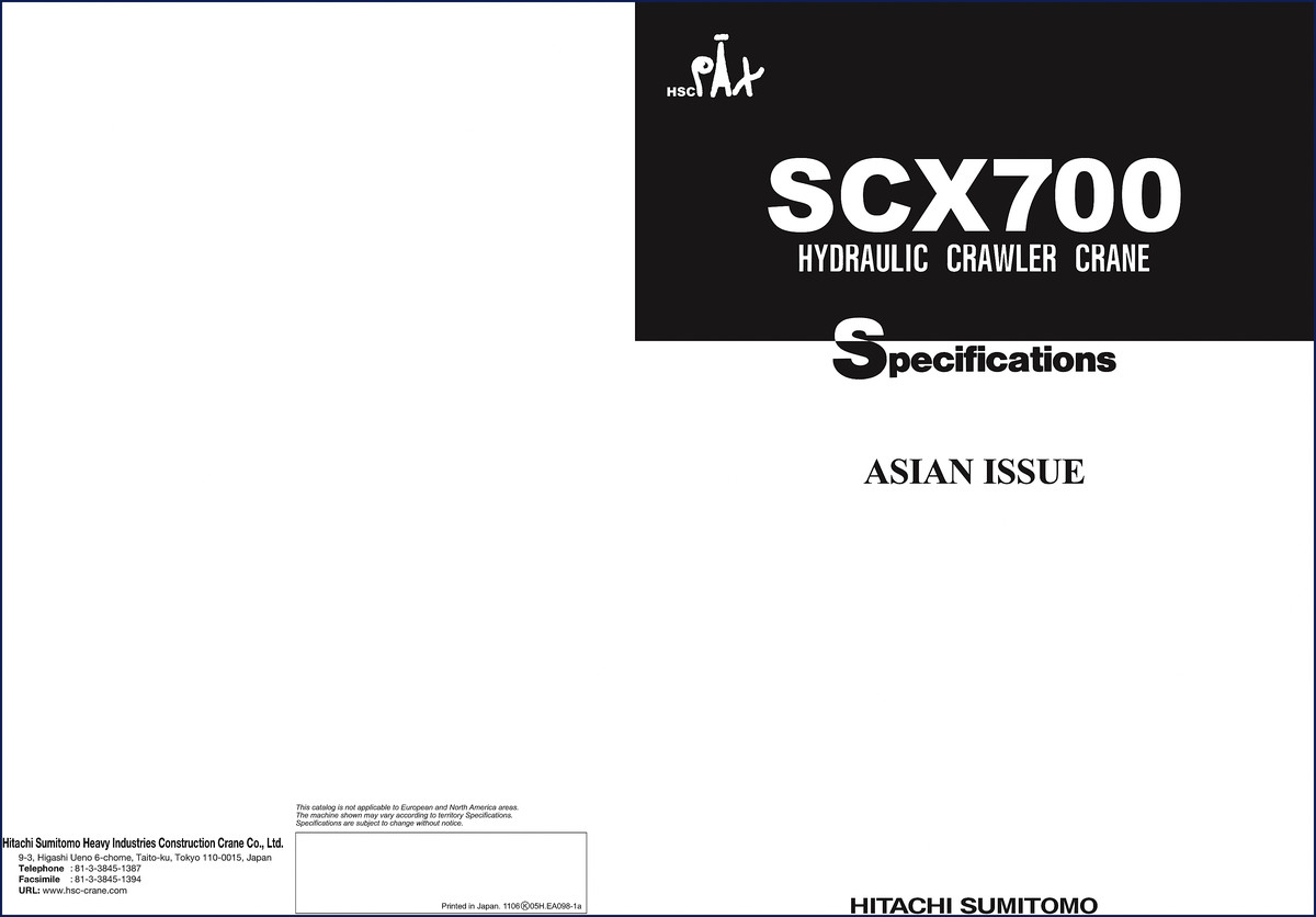 Hitachi Sumitomo SCX700 Technical Manual cover page with hydraulic crawler crane illustration