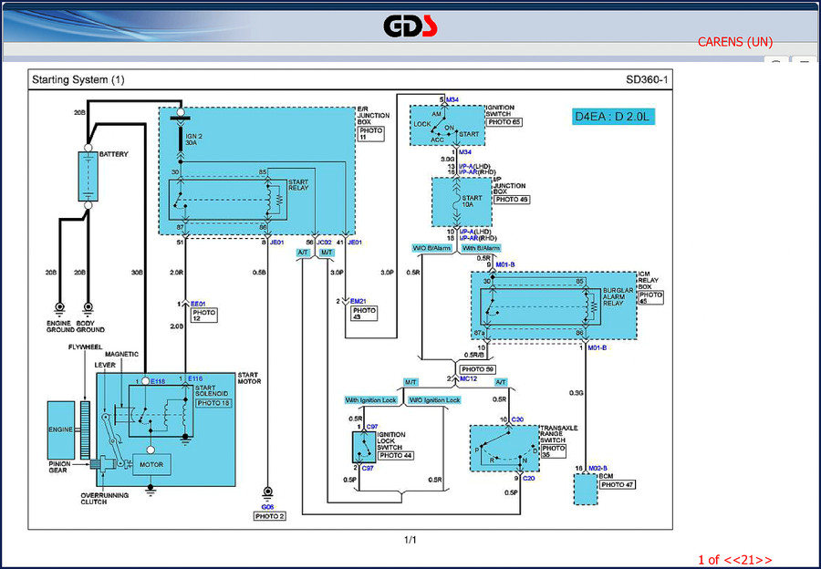 Hyundai D4Ea G4KA G4FC 2010 electrical schematic manual page showing wiring diagrams for starting and cooling systems