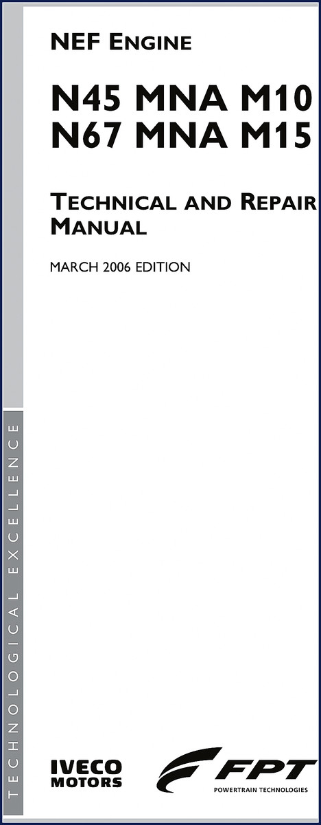 Iveco N45 and N67 2006 Technical Manual cover showing engine diagrams and FPT branding