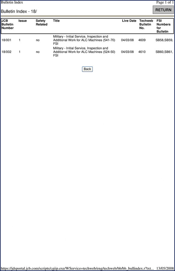 JCB 541-70 and 524-50 Service Manual Bulletin cover - factory documentation for military telehandlers, 2008