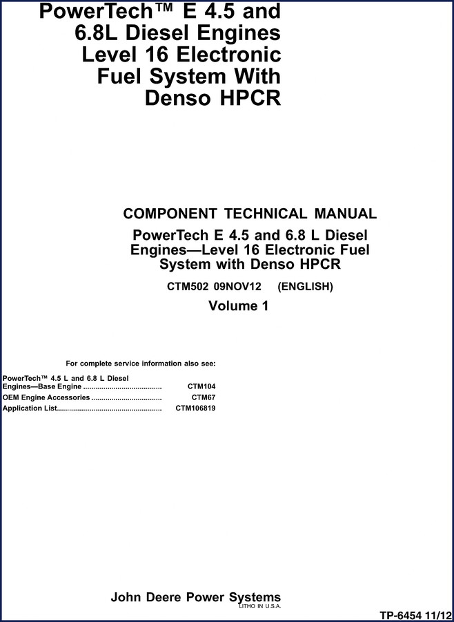 John Deere PowerTech E 4.5 and 6.8L diesel engine technical manual cover 2012