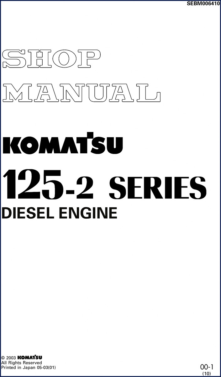 Komatsu 125-2 2003 Workshop Manual cover showing engine assembly drawing and title