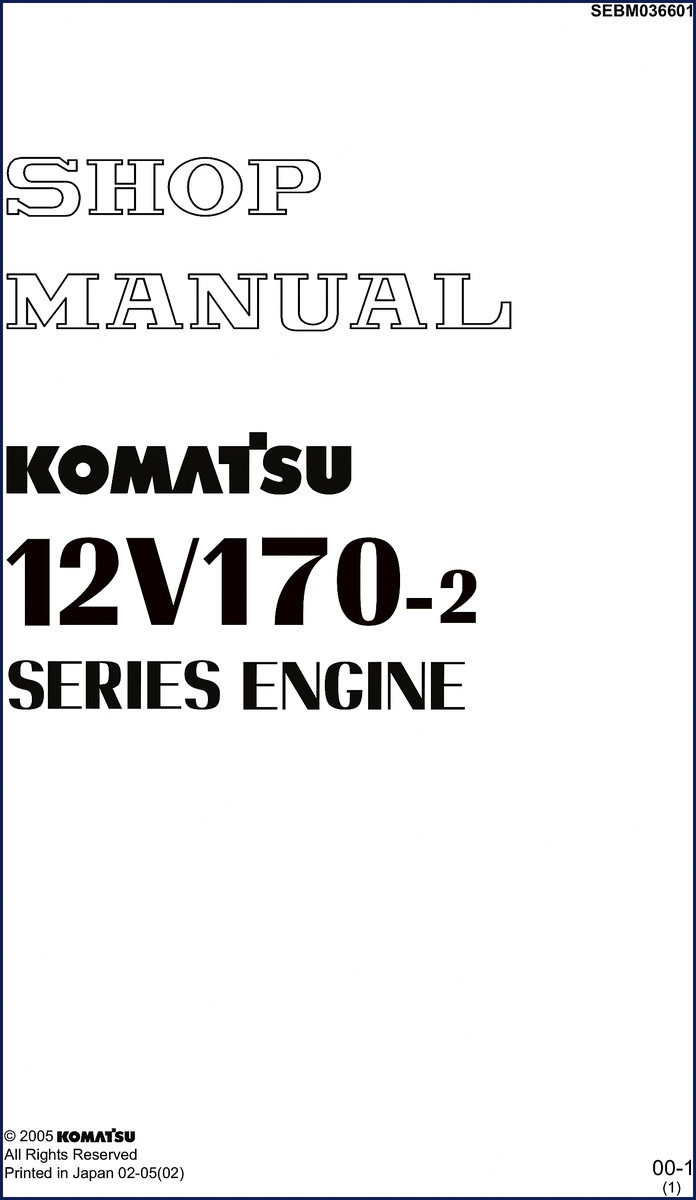 Komatsu 12V170-2 2005 Workshop Manual cover page showing model SEBM036601 and revision marks