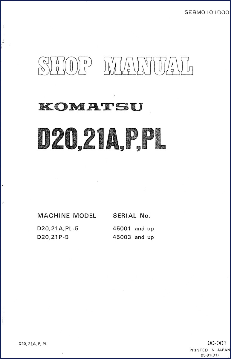 Komatsu D20A D21A D20P D21P D20PL 1981 Workshop Manual cover