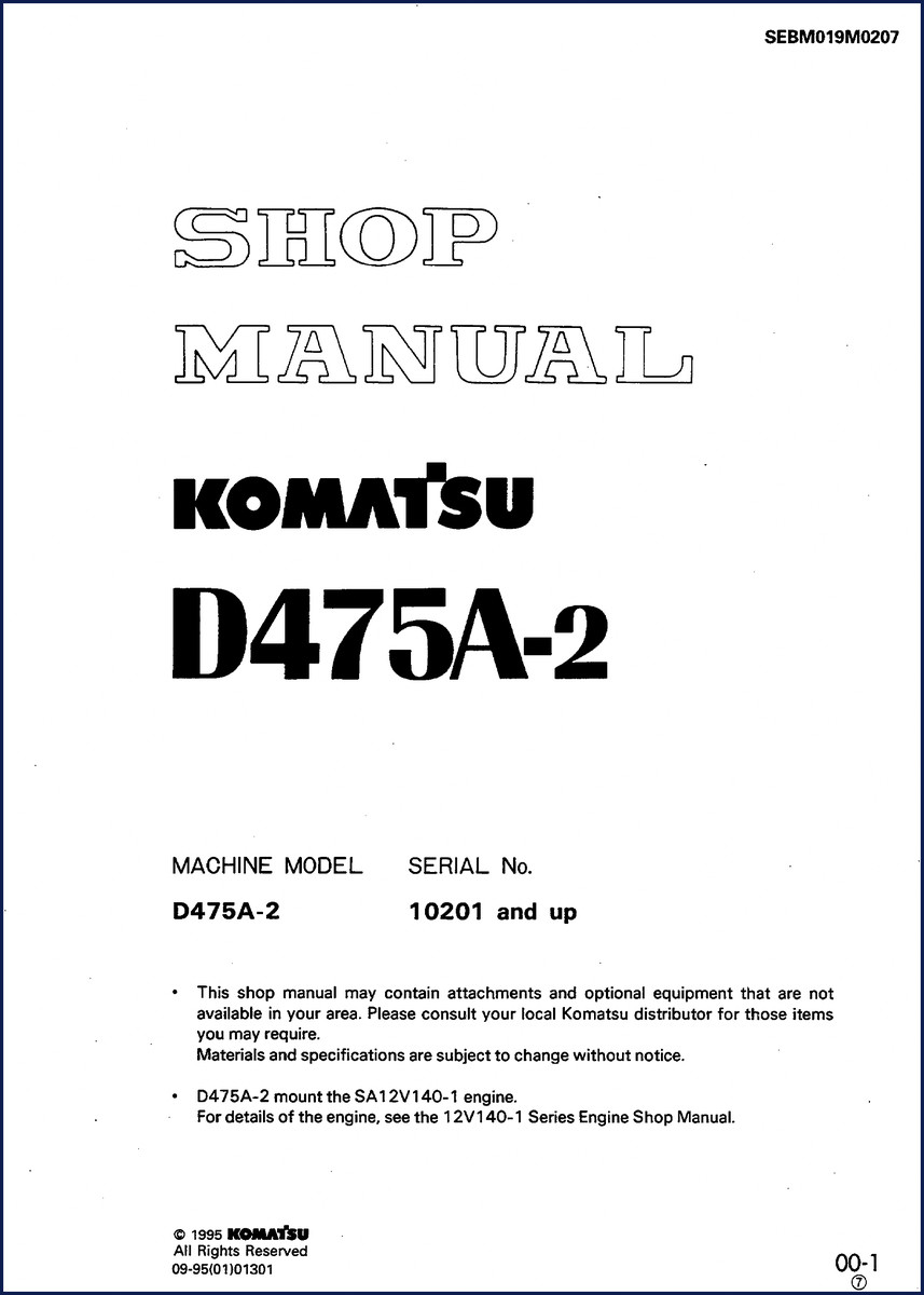 Komatsu D475A-2 1995 Workshop Manual cover showing dozer