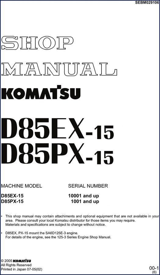 Komatsu D85EX-15 2003 Workshop Manual cover, factory OEM documentation