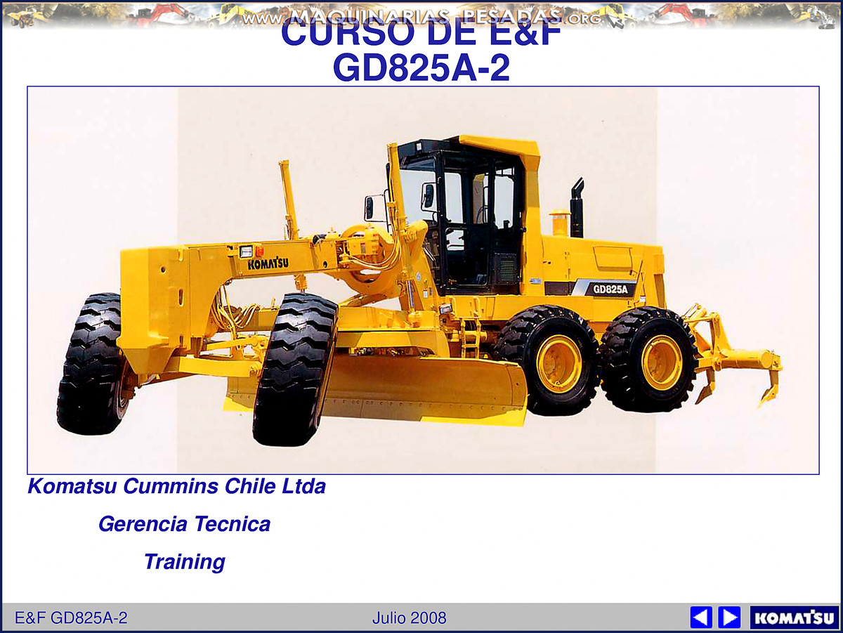 Komatsu GD825A-2 2008 Training Manual cover page showing grader and safety symbols
