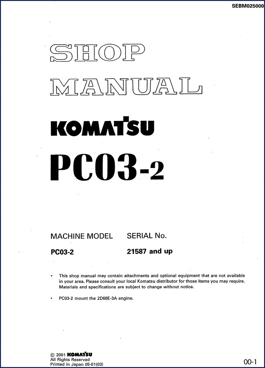 Komatsu PC03-2 2001 Service Manual cover – OEM shop manual for 2D68E-3A engine