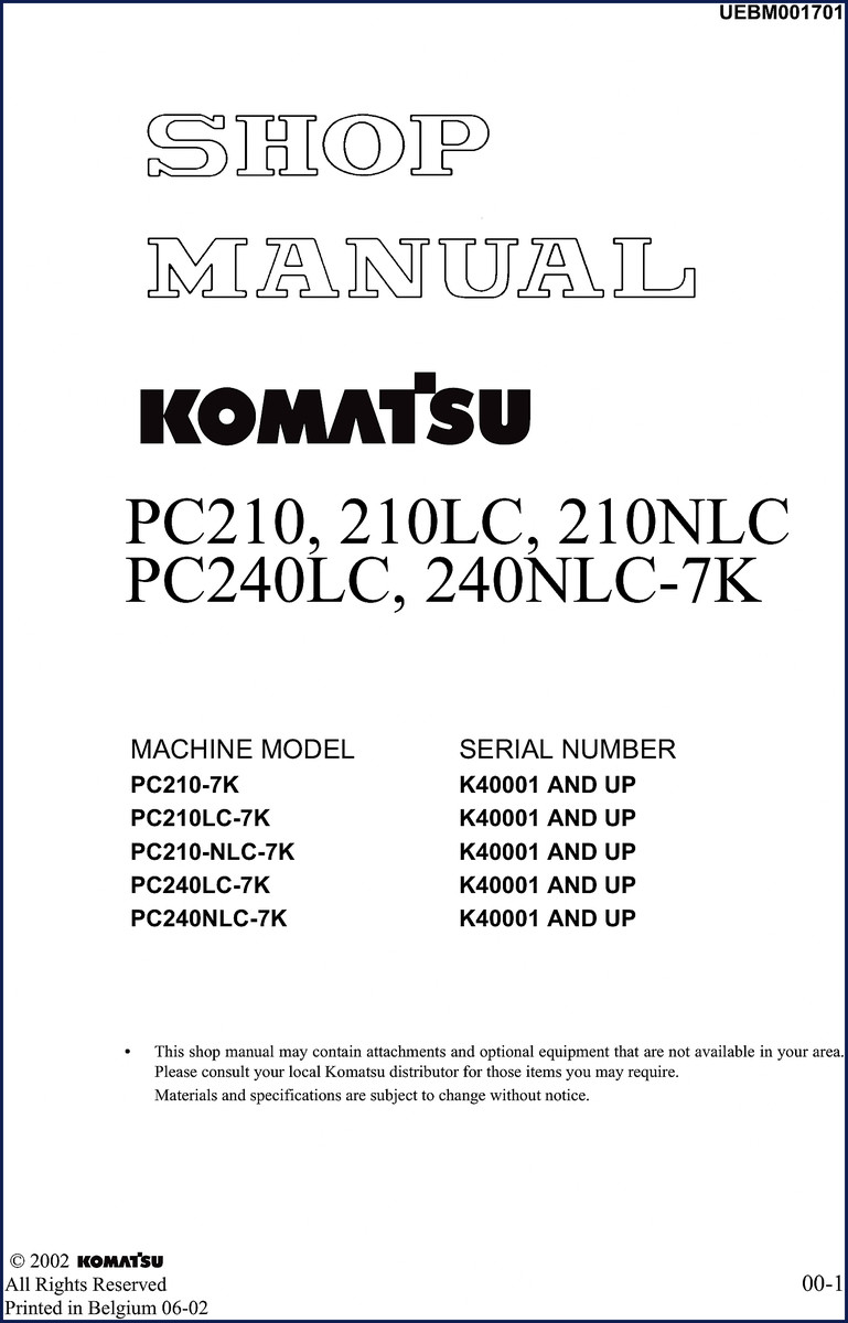 Komatsu PC210-7K 2002 Service Manual cover page
