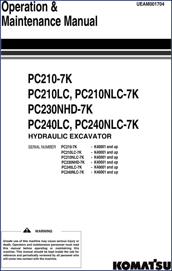 Komatsu PC210-7K Series Operators Manual 363 pages factory OEM documentation