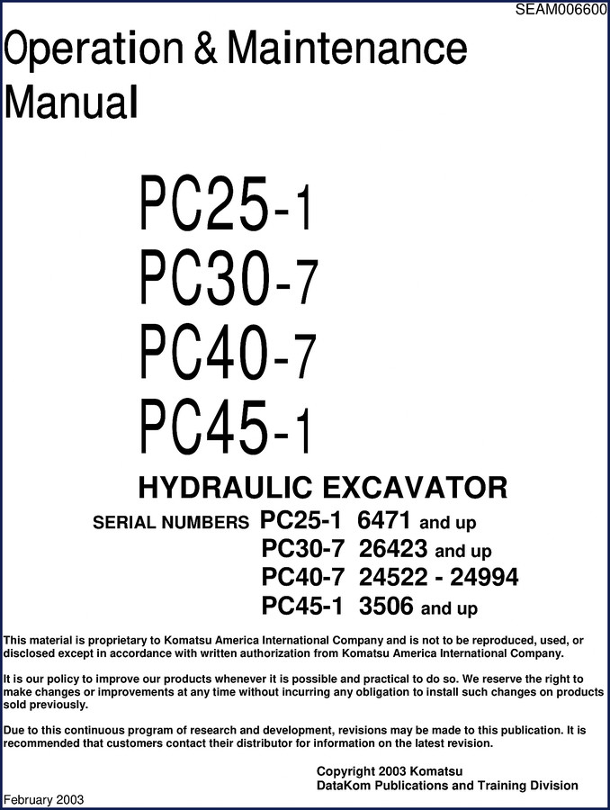 Komatsu PC25-1 PC30-7 PC40-7 PC45-1 2003 Operators Manual cover showing safety labels and machine diagram