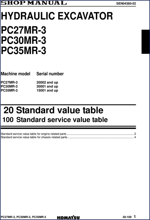 Komatsu PC27MR-3 Technical Manual cover - factory standard value table sheet