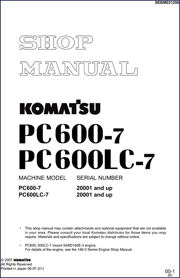 Komatsu PC600-7 PC600LC-7 2007 workshop manual cover