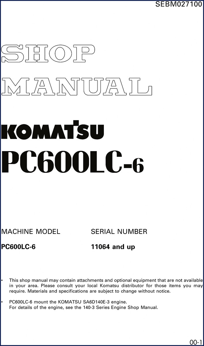 Komatsu PC600LC-6 Workshop Manual cover – 732 page OEM shop manual for excavator engine, fuel, and hydraulic systems