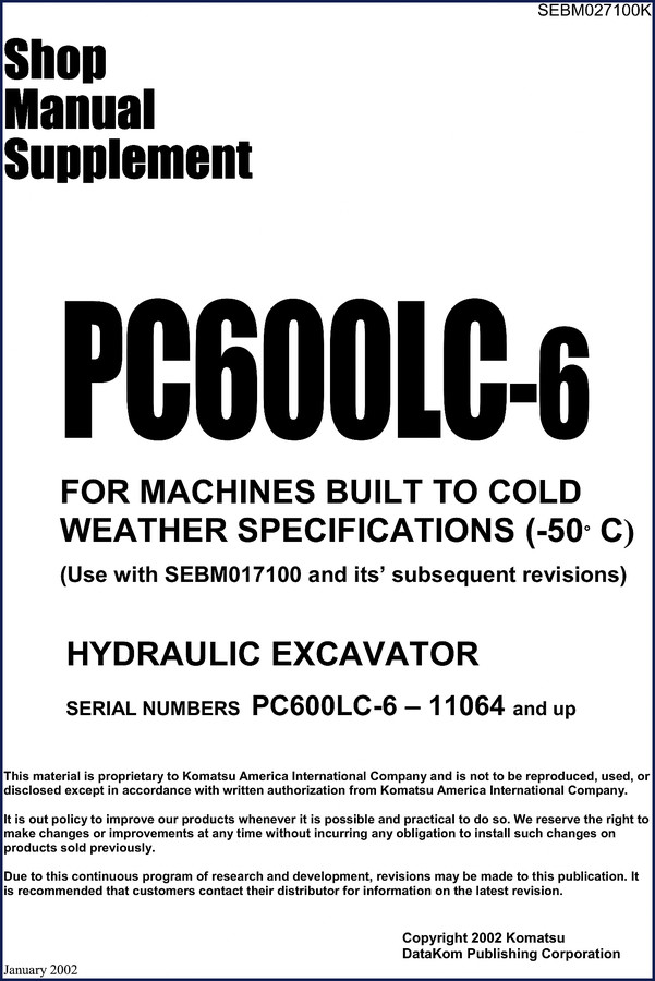 Komatsu PC600LC-6 2002 Service Manual cover - 766 pages OEM factory shop manual